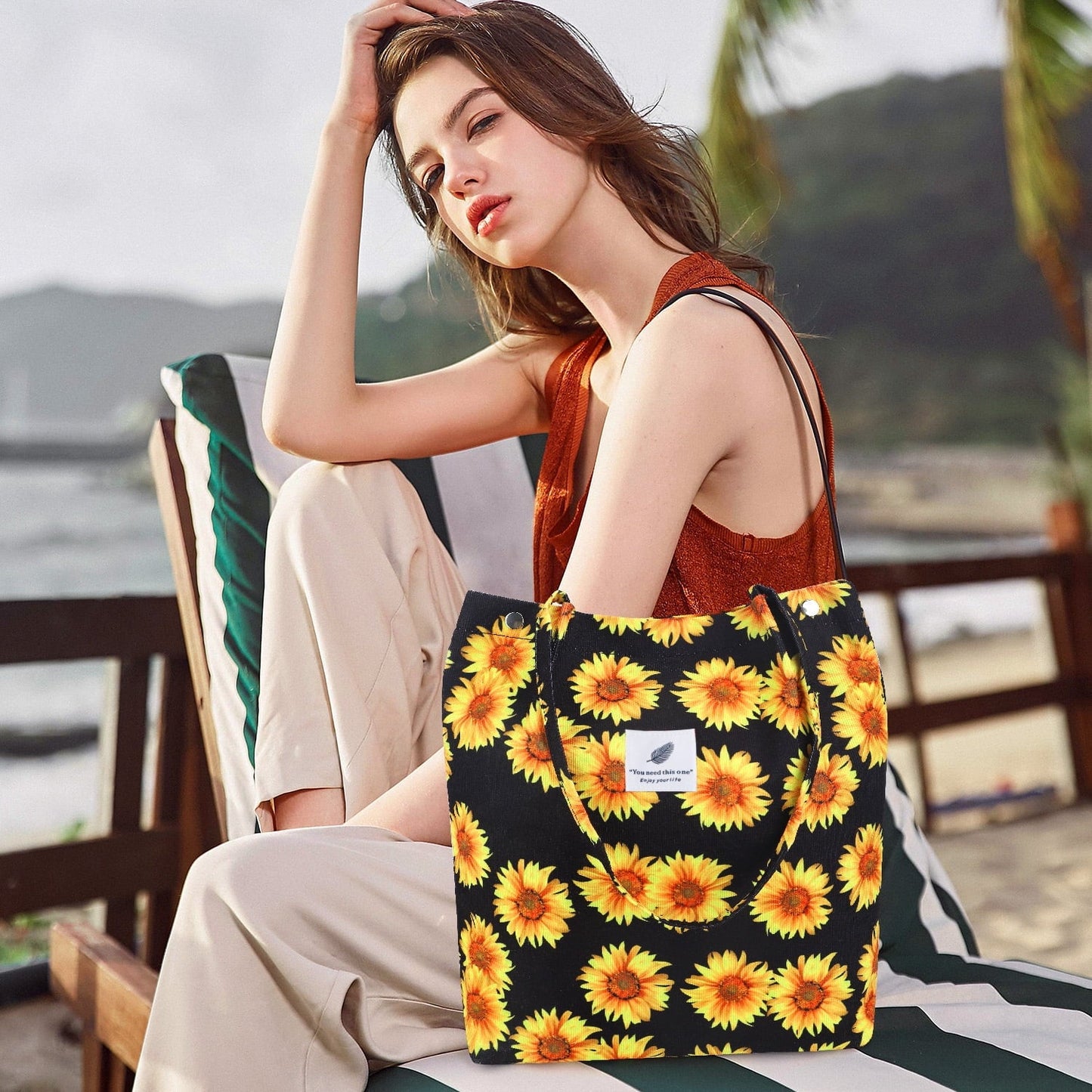 Corduroy Tote Bag for Women Girl Canvas Shoulder Cord Purse with Inner Pocket (Sunflowers) - Journey Must Haves