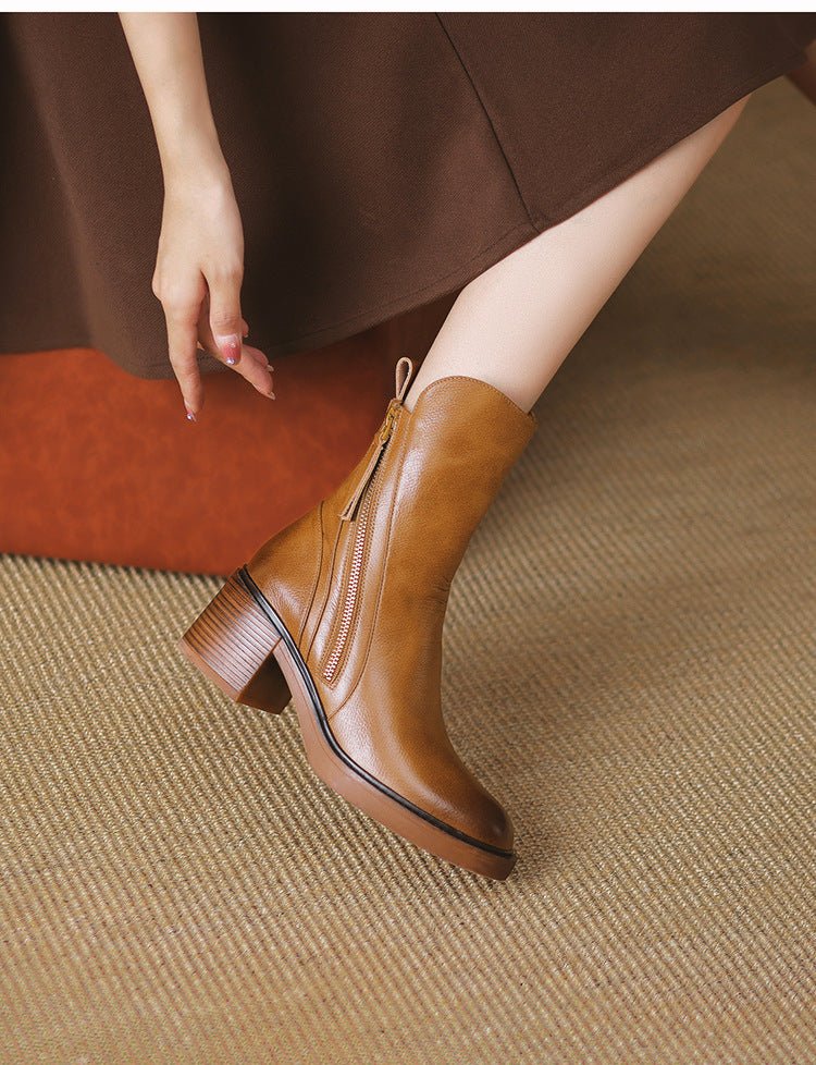 Retro Side Zipper Thick Heel Womens Boots - Journey Must Haves