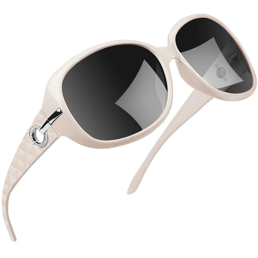 Trendy Oversized Polarized Sunglasses for Women with Sparkling Diamond Frame - Ultimate UV Protection in Light Beige
