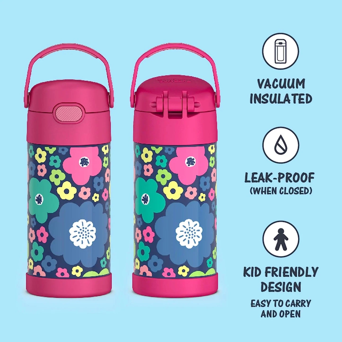 FUNTAINER 12 Ounce Stainless Steel Vacuum Insulated Kids Straw Bottle, Mod Flowers