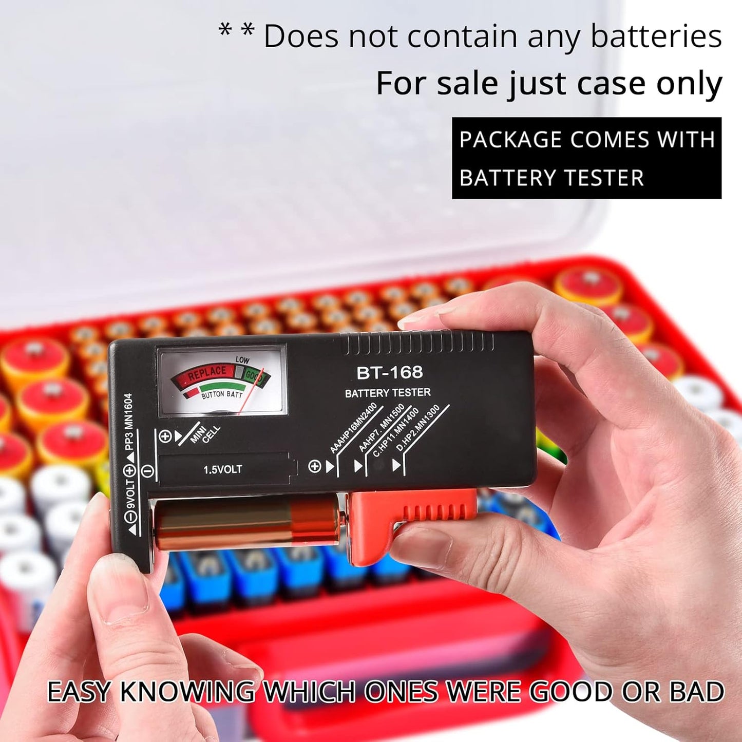 Battery Storage Organizer with Tester - 269 Battery Capacity, Double-Sided Holder for AA, AAA, 4A, C, D, 9V, 3V, Lithium, LR44, CR2, CR123, CR1632, 18650, and Button Cells - Red (Box Only)