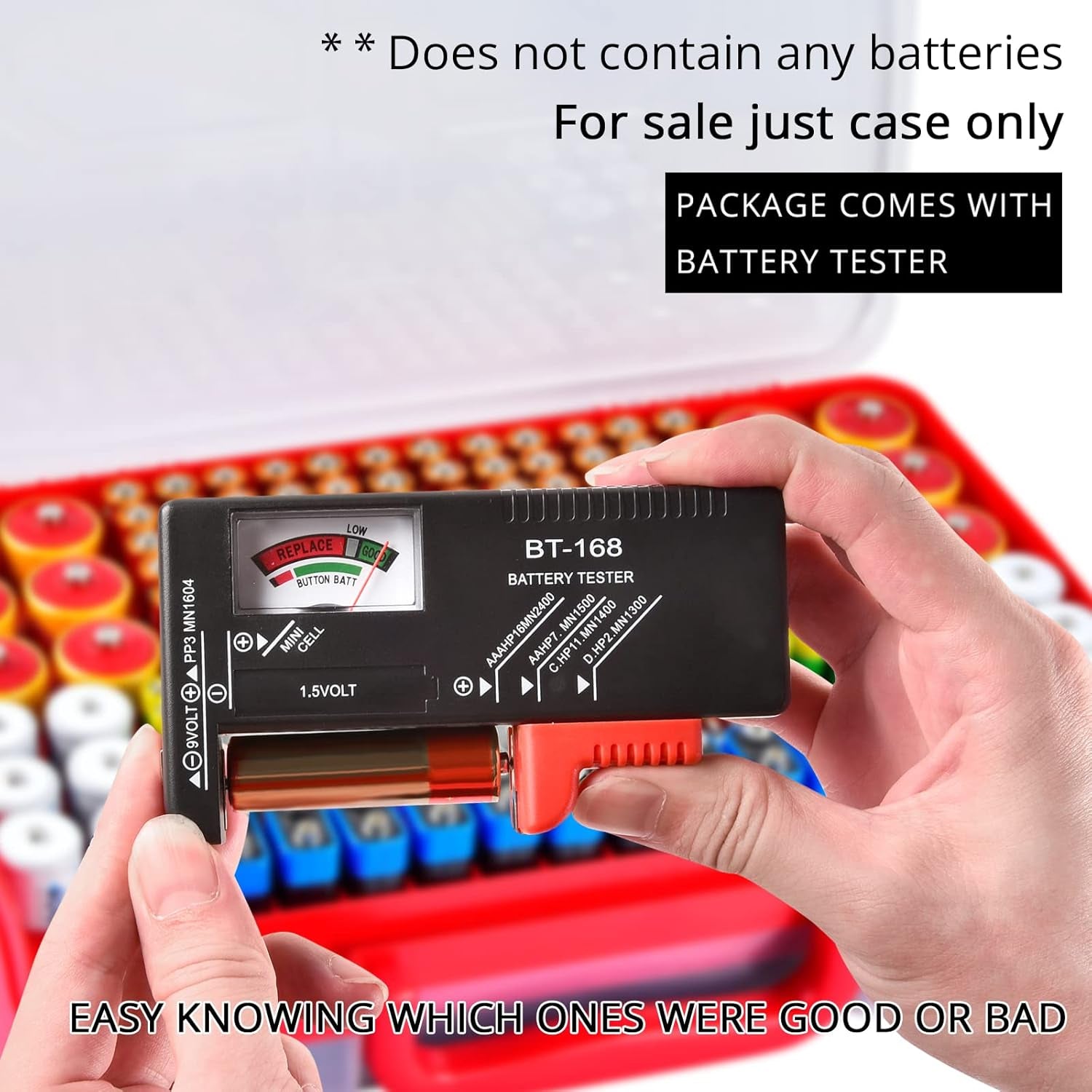 Battery Storage Organizer with Tester - 269 Battery Capacity, Double-Sided Holder for AA, AAA, 4A, C, D, 9V, 3V, Lithium, LR44, CR2, CR123, CR1632, 18650, and Button Cells - Red (Box Only)