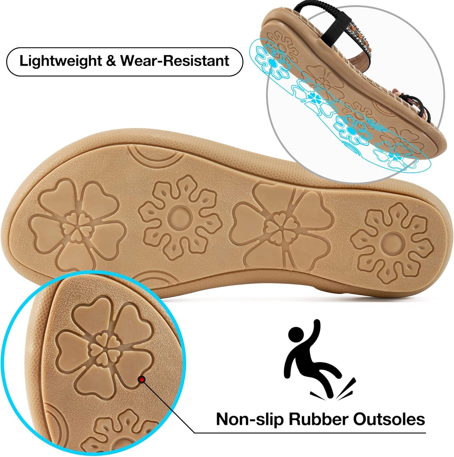 Womens Sandals Flats Shoes: Comfortable Bohemian Beaded Dressy Summer Flat Casual Ankle Strap Elastic Slip on Beach Sandal