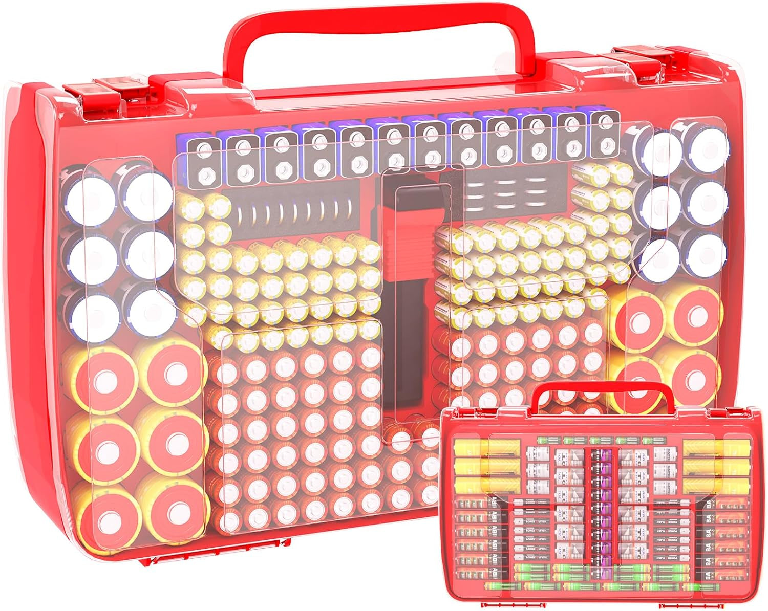 Battery Storage Organizer with Tester - 269 Battery Capacity, Double-Sided Holder for AA, AAA, 4A, C, D, 9V, 3V, Lithium, LR44, CR2, CR123, CR1632, 18650, and Button Cells - Red (Box Only)