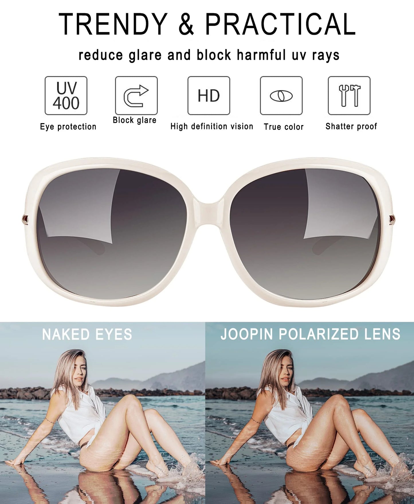 Trendy Oversized Polarized Sunglasses for Women with Sparkling Diamond Frame - Ultimate UV Protection in Light Beige
