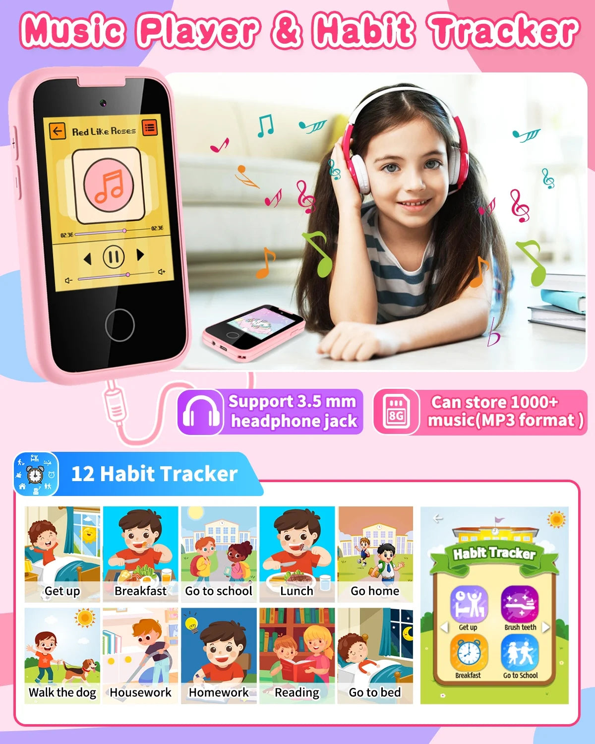 Kids Smart Phone for Girls Touchscreen Kids Phone Gifts for Girl Age 6-8 with Dual Camera Music Game Learning Toy Phone Christmas Birthday Gifts for 3 4 5 6 7 8 Year Old Girls with 8G SD Card