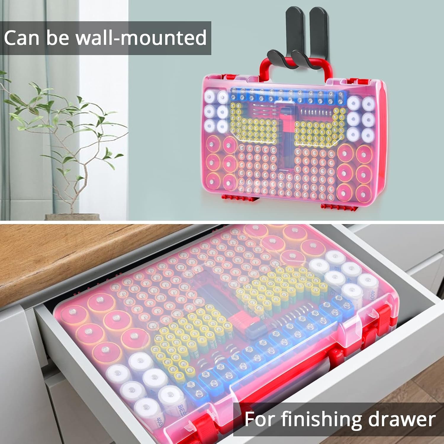 Battery Storage Organizer with Tester - 269 Battery Capacity, Double-Sided Holder for AA, AAA, 4A, C, D, 9V, 3V, Lithium, LR44, CR2, CR123, CR1632, 18650, and Button Cells - Red (Box Only)