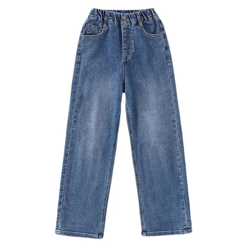 Chic Spring Denim Jeans for Girls Aged 3-9 - Stylish Wide Leg Trousers in Solid Color
