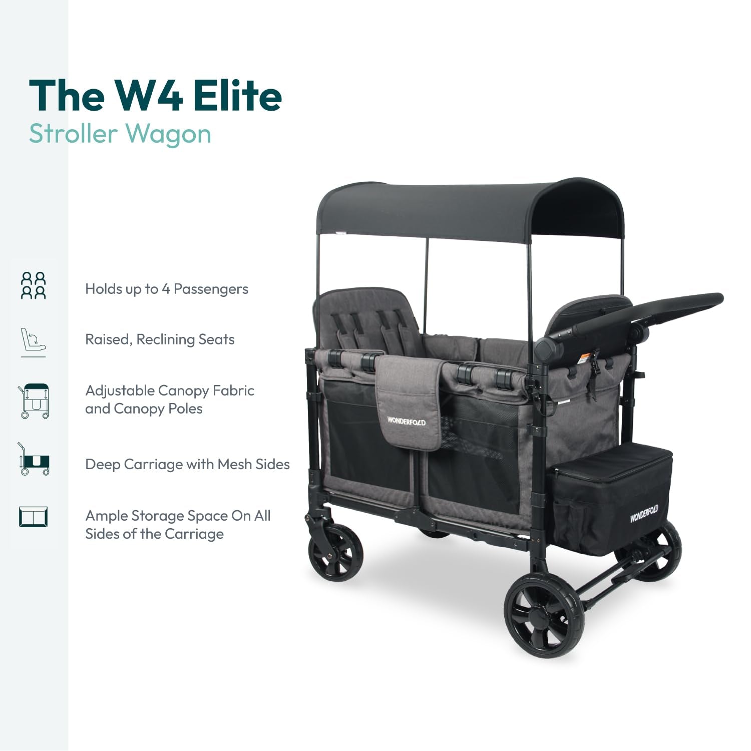 W4 Elite Collapsible Stroller Wagon - Spacious 4-Seater with 5-Point Harnesses, Adjustable Push Handle, and UV Sun Canopy in Charcoal Gray