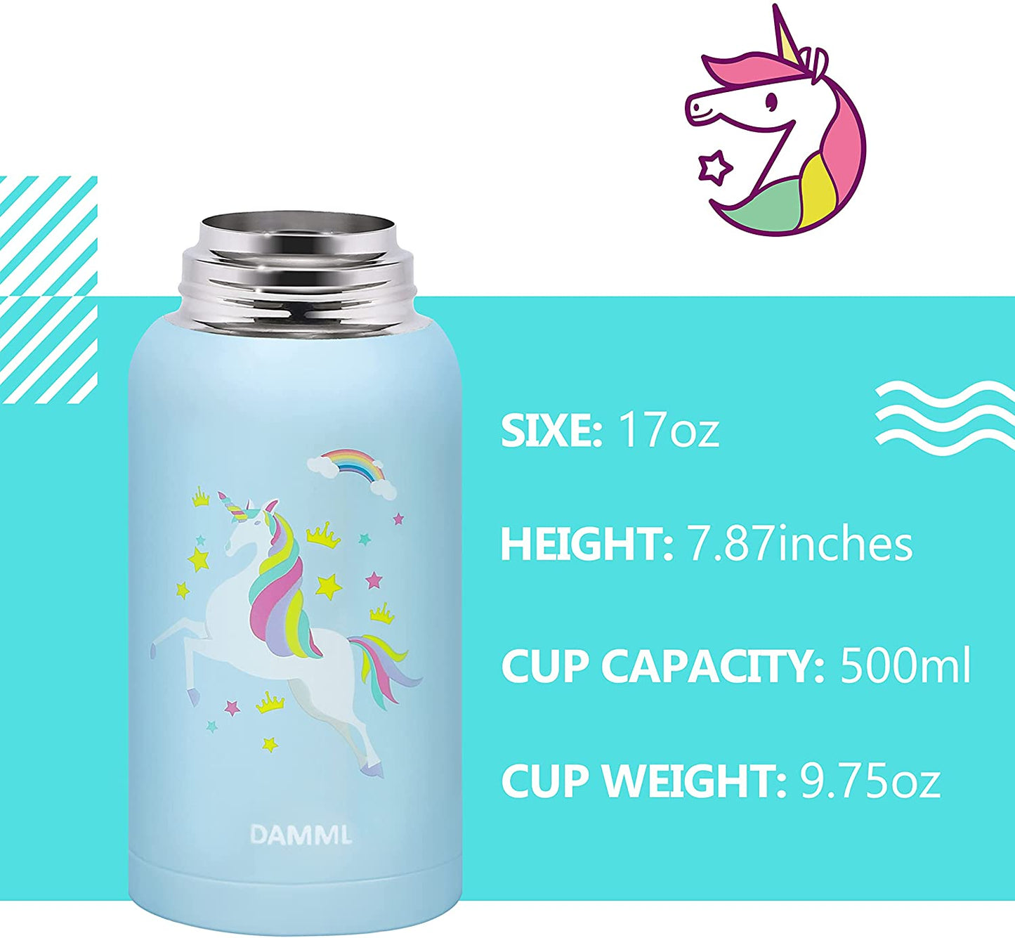 Charming Unicorn Insulated Water Bottle for Kids - Perfect for School and Travel, 17 Oz with Straw and Shoulder Strap