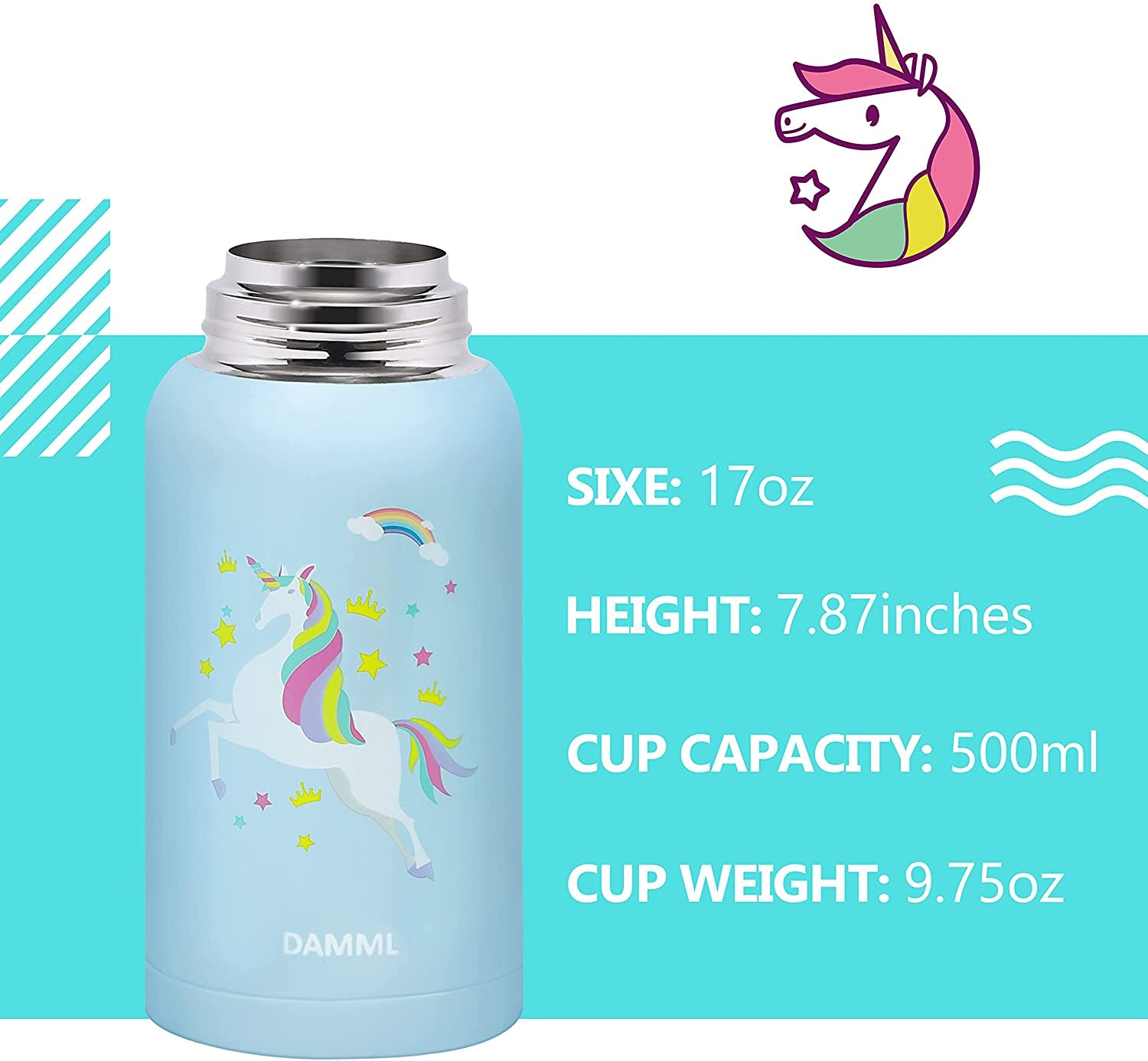 Charming Unicorn Insulated Water Bottle for Kids - Perfect for School and Travel, 17 Oz with Straw and Shoulder Strap