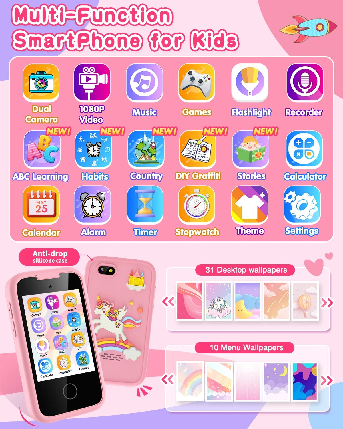 Kids Smart Phone for Girls Touchscreen Kids Phone Gifts for Girl Age 6-8 with Dual Camera Music Game Learning Toy Phone Christmas Birthday Gifts for 3 4 5 6 7 8 Year Old Girls with 8G SD Card