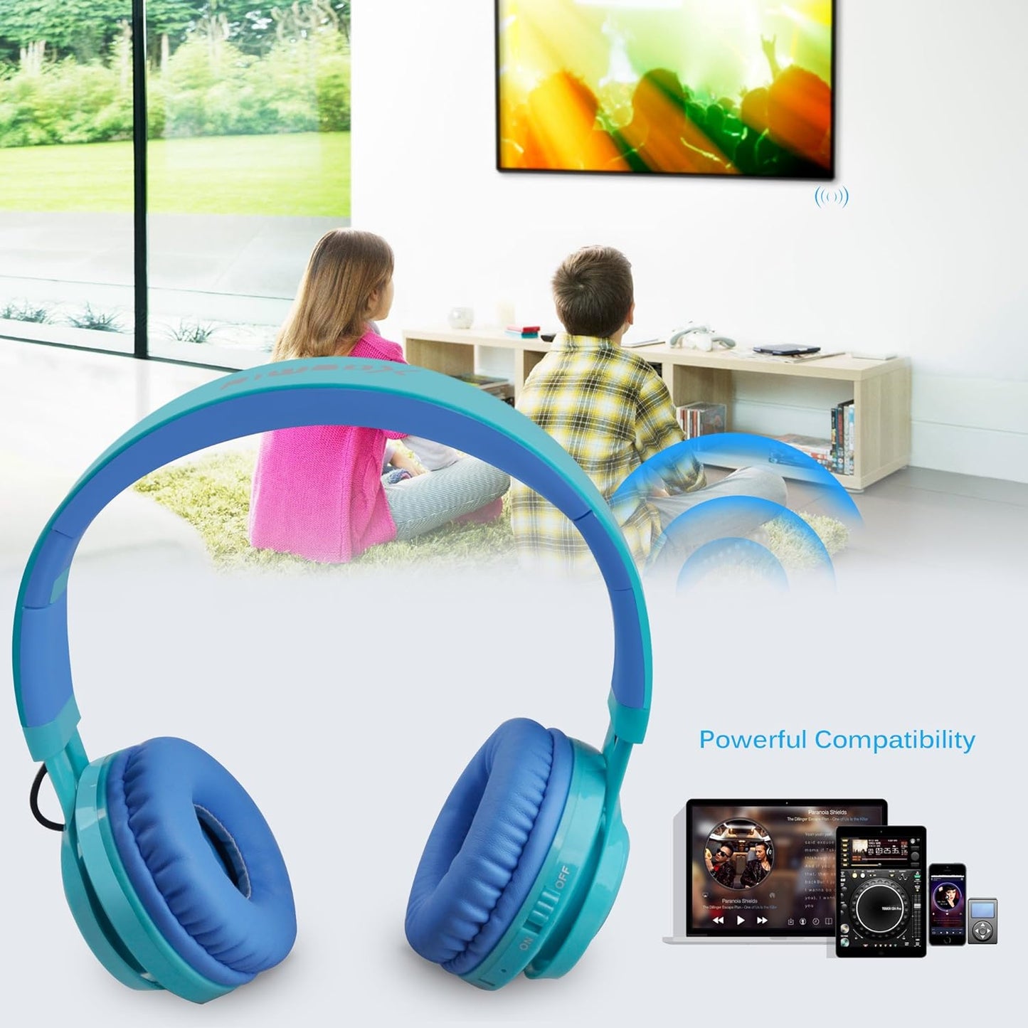 WT-7S Kids Bluetooth Headphones - Fun LED Light-Up Wireless Stereo Headset with Microphone & Volume Control for Ultimate Entertainment on PC, Tablet, TV & Travel (Blue)