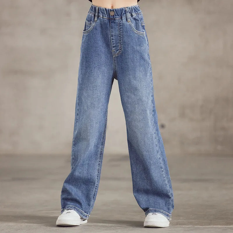 Chic Spring Denim Jeans for Girls Aged 3-9 - Stylish Wide Leg Trousers in Solid Color