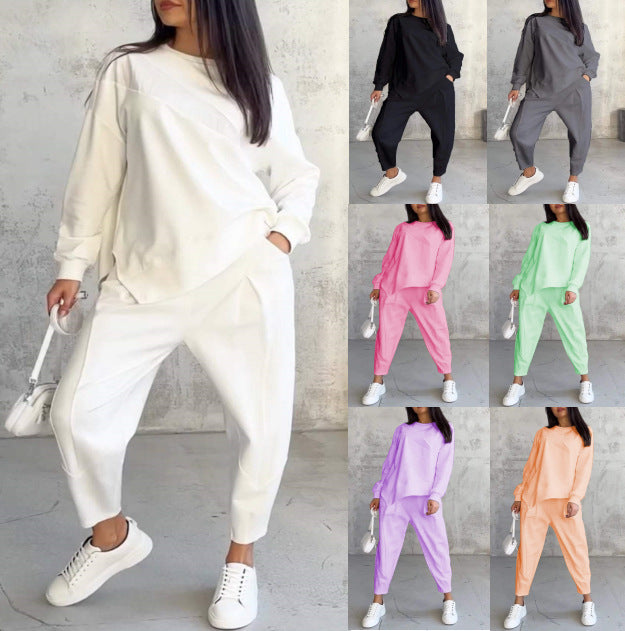 Womens Casual Round Neck Loose Long Sleeve Sweatshirt Suit