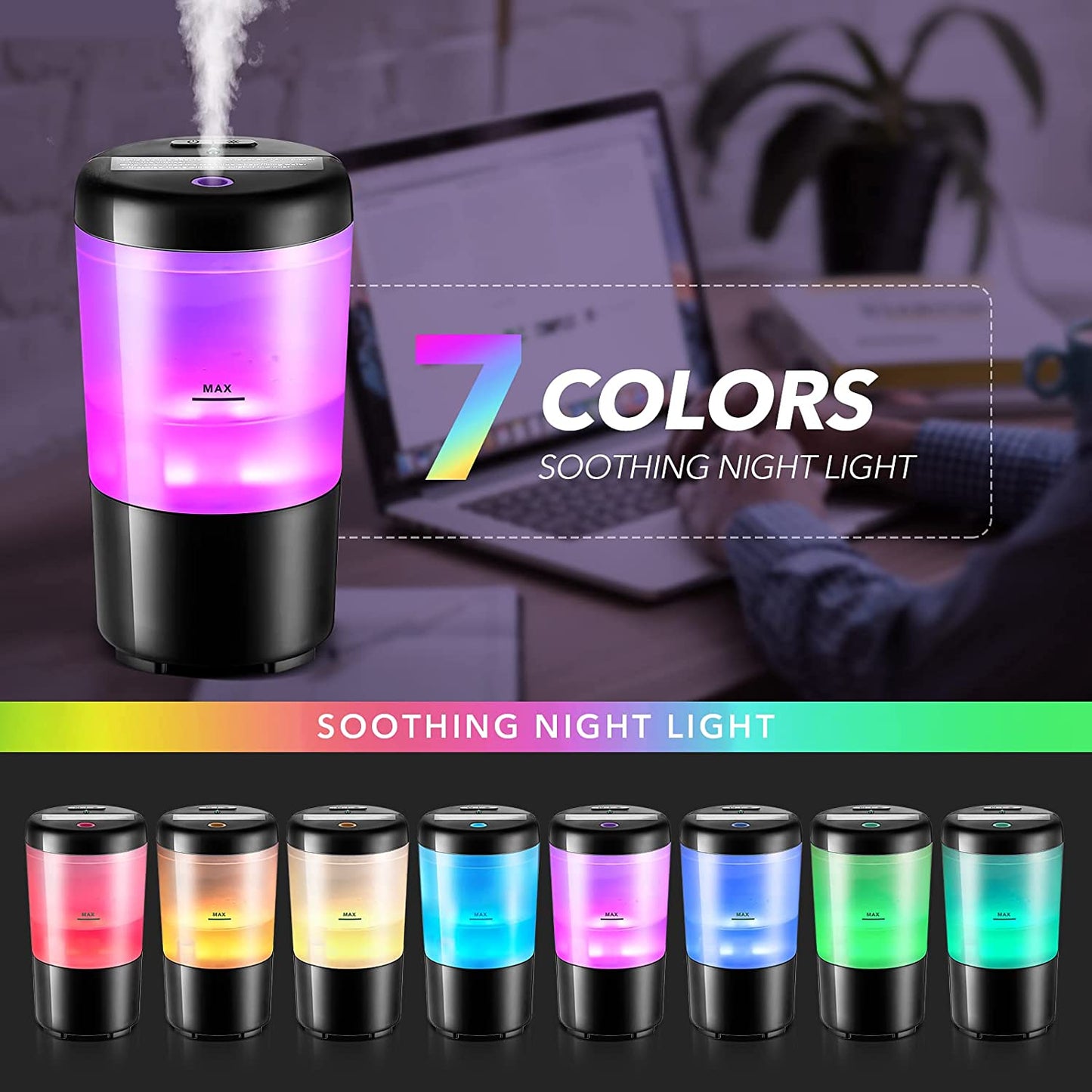 Transform Your Space with the Car Diffuser Desk Humidifier - 7 Color Portable Essential Oil Diffuser for Travel and Office