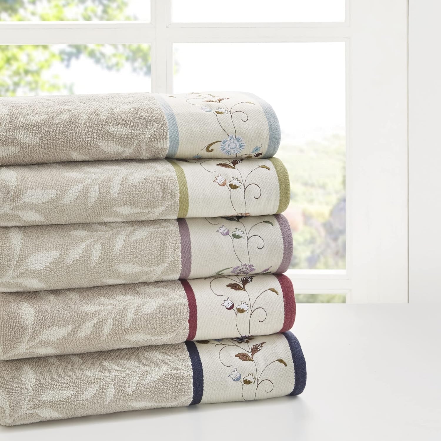 Indulge in Luxury with the Serene 6-Piece Embroidered Cotton Bath Towel Set - Soft, Highly Absorbent Floral Design in Cream and Blue