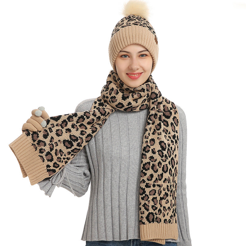 Print Knitted Hat Scarf Gloves Set
