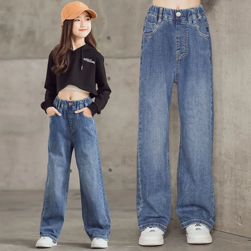 Chic Spring Denim Jeans for Girls Aged 3-9 - Stylish Wide Leg Trousers in Solid Color