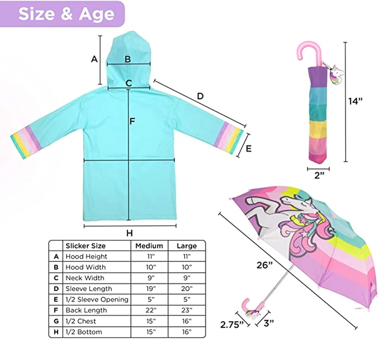 Kids Unicorn Raincoat and Umbrella Set - Fun and Functional Rain Gear for Girls and Boys Ages 3-5