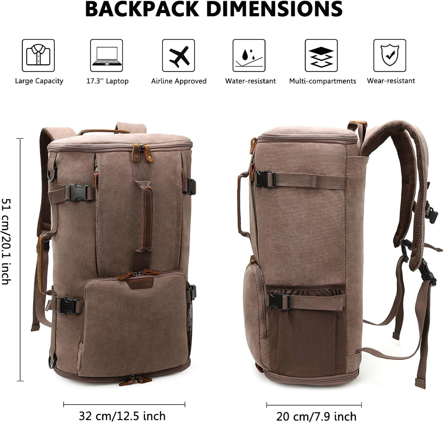 40L Travel Backpack, Vintage Canvas Rucksack Convertible Duffel Bag Carry on Backpack Fit for 17.3 Inch Laptop Bag - Journey Must Haves