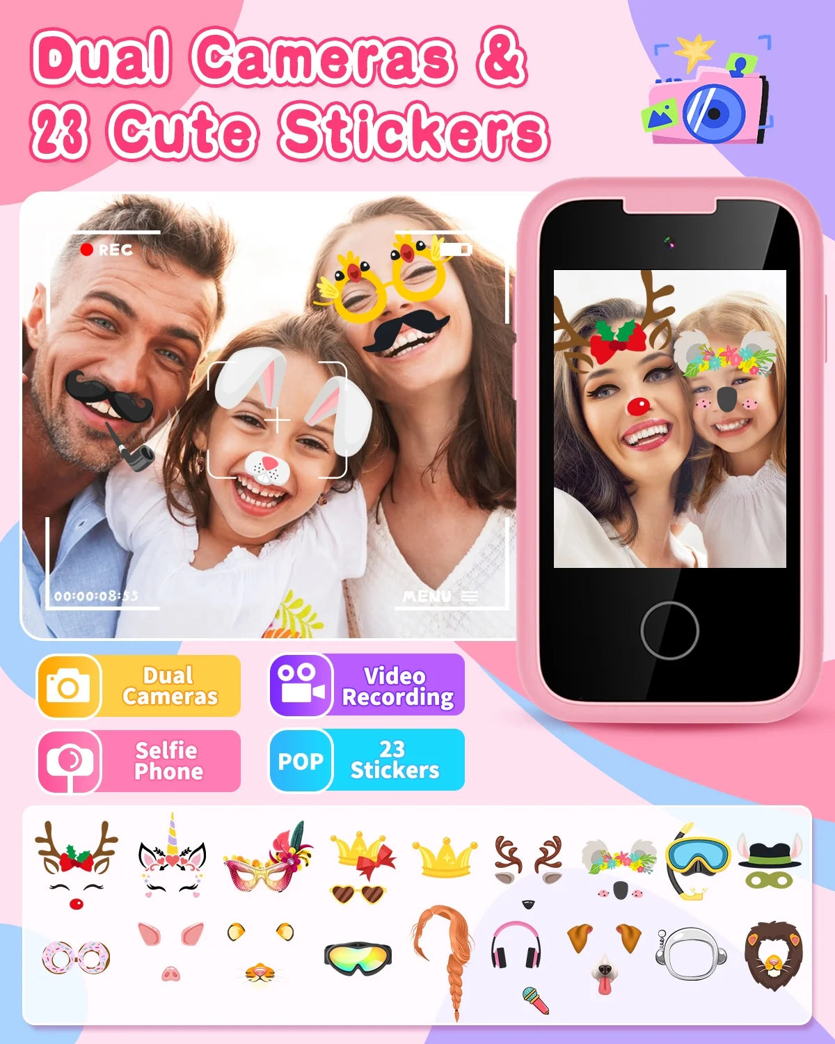 Kids Smart Phone for Girls Touchscreen Kids Phone Gifts for Girl Age 6-8 with Dual Camera Music Game Learning Toy Phone Christmas Birthday Gifts for 3 4 5 6 7 8 Year Old Girls with 8G SD Card