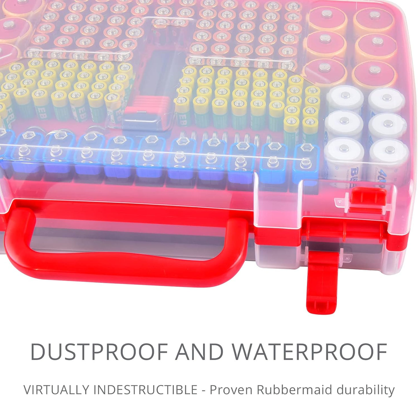 Battery Storage Organizer with Tester - 269 Battery Capacity, Double-Sided Holder for AA, AAA, 4A, C, D, 9V, 3V, Lithium, LR44, CR2, CR123, CR1632, 18650, and Button Cells - Red (Box Only)