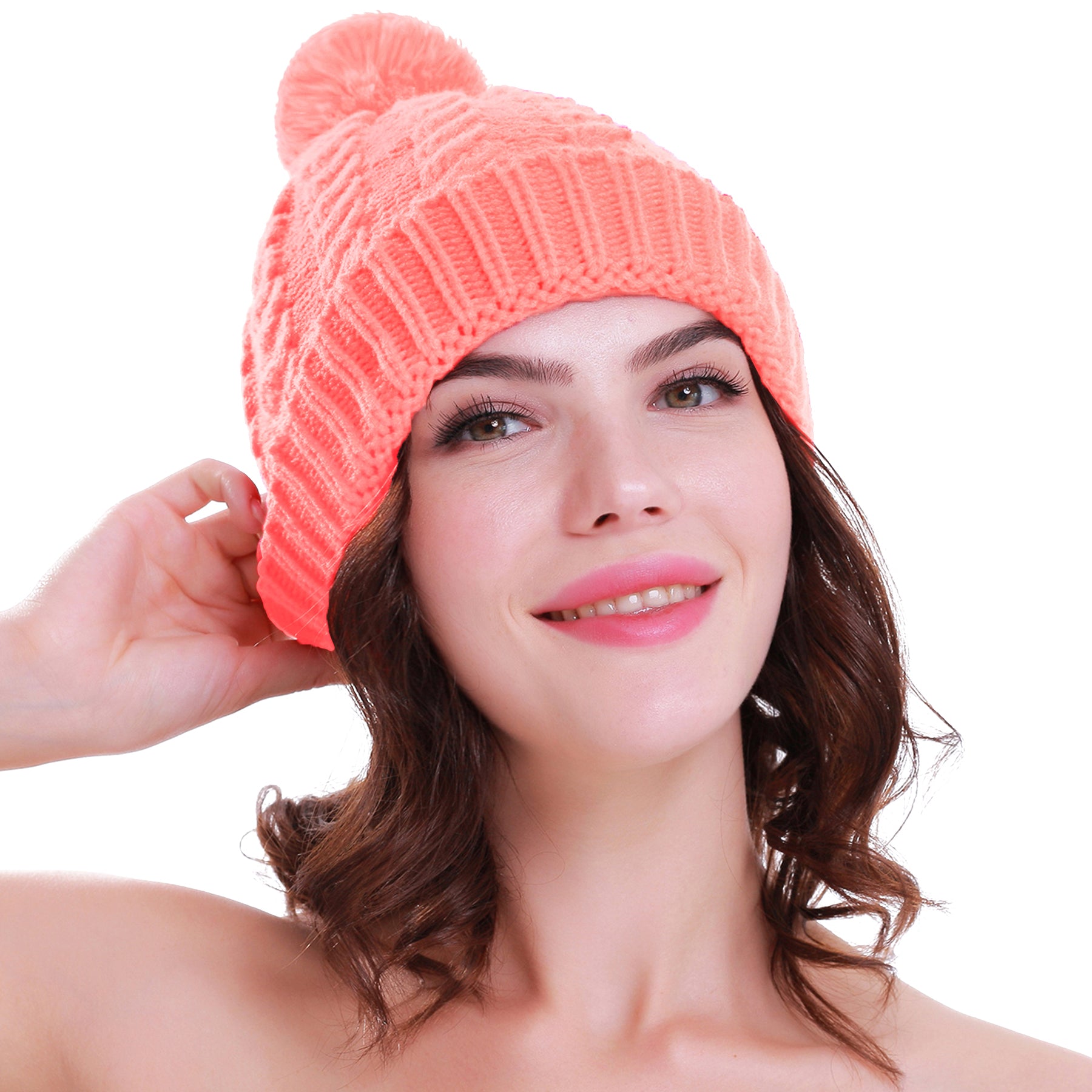 Cozy Up in Style: Women's Pink Winter Beanie with Plush Lining and Pom-Pom Detail