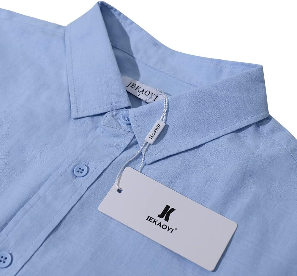 Elevate Your Summer Style with Our Men's Casual Long Sleeve Cotton Linen Button-Down Shirt in Blue