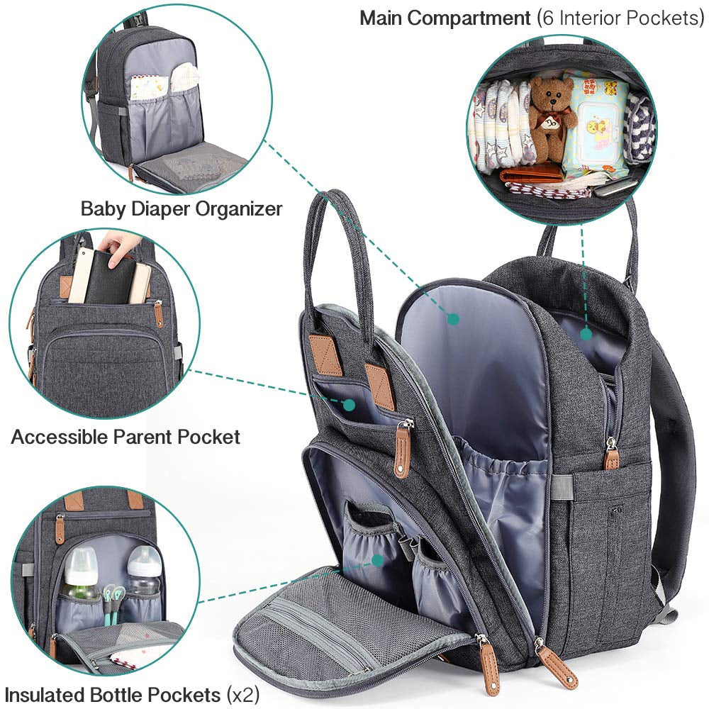 Stylish and Spacious Diaper Bag Backpack - Perfect for Moms and Dads on the Go with Changing Pad and Stroller Straps in Dark Gray
