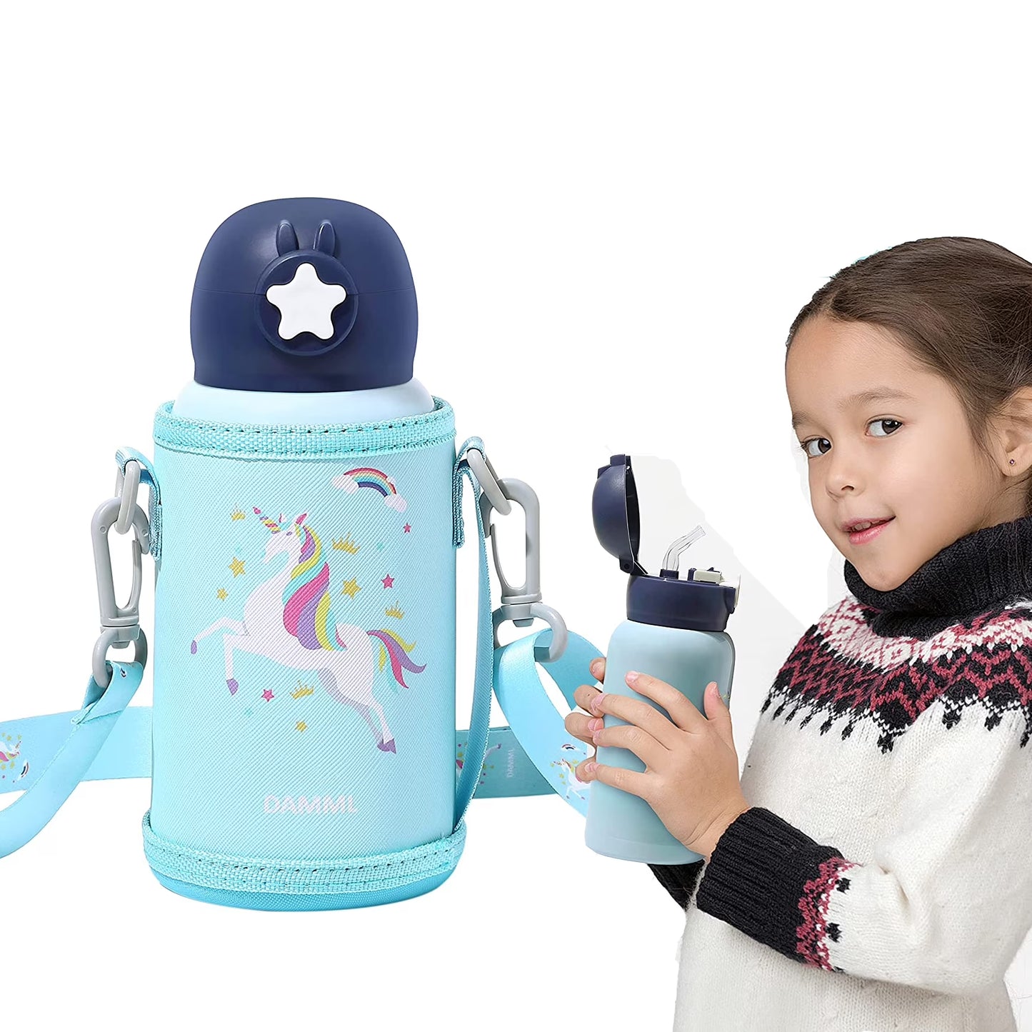 Charming Unicorn Insulated Water Bottle for Kids - Perfect for School and Travel, 17 Oz with Straw and Shoulder Strap