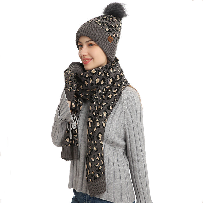 Print Knitted Hat Scarf Gloves Set