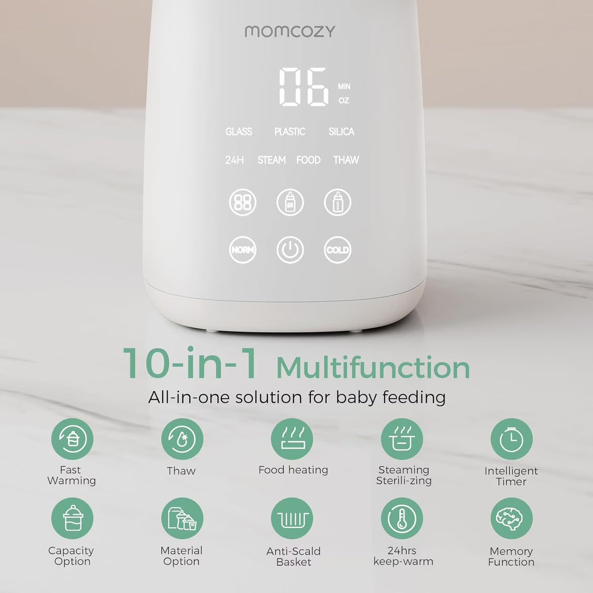 Baby Bottle Warmer, 6-In-1 Baby Milk Warmer with Smart Temperature Control, Breastmilk Warmer, Fast Baby Food Heater, Steam Sterilizer