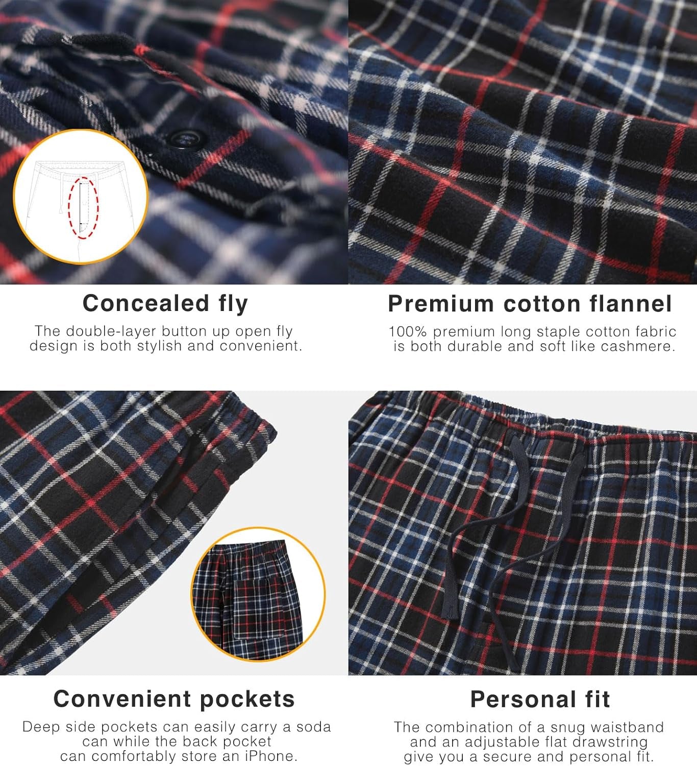 Cozy Up in Style with Our Men's Cotton Flannel Pajama Pants - Navy Blue and Red Plaid with Drawstring and Pockets