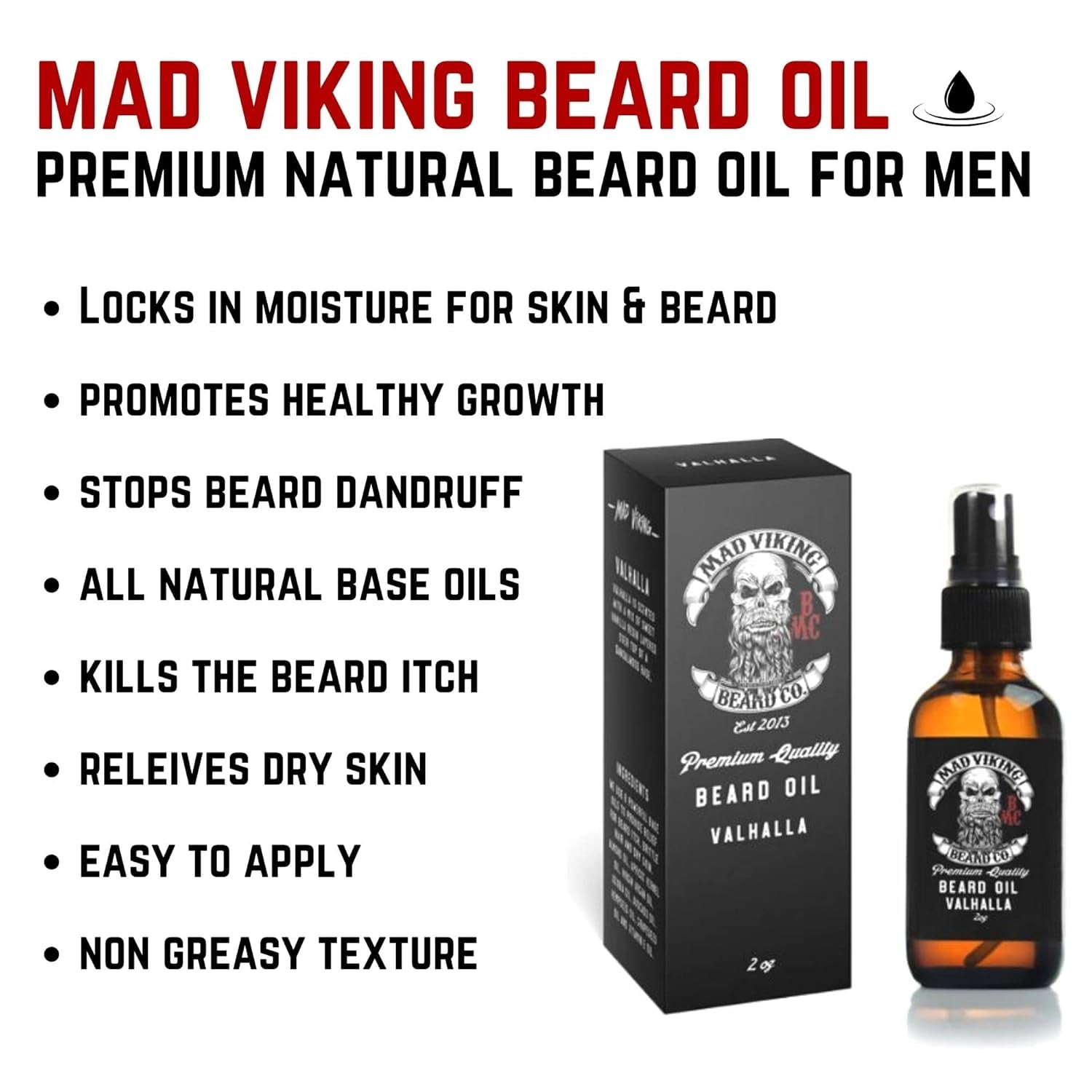 Transform Your Beard with Mad Viking Valhalla Beard Oil - Hydrate, Soften, and Naturally Grow Your Beard with a Luxurious Sandalwood & Vanilla Scent - Made in the USA - 2Oz