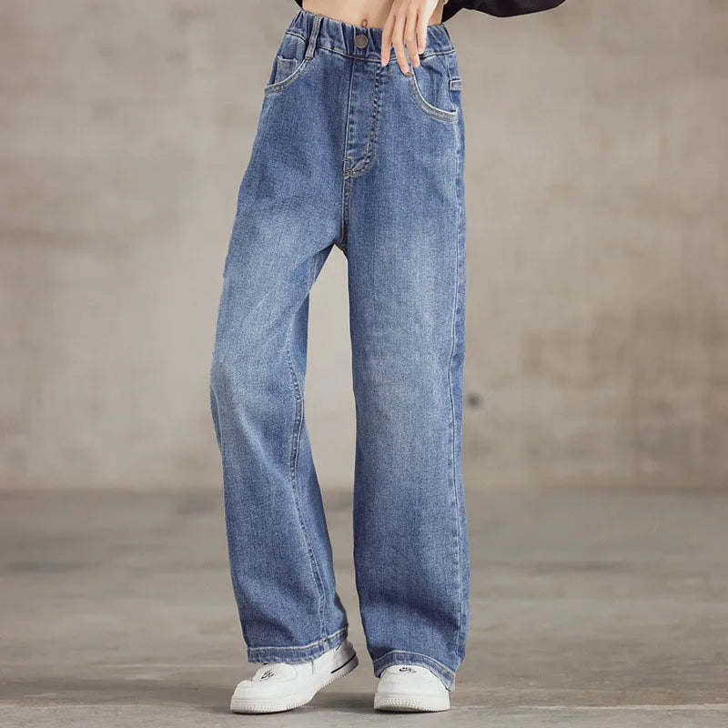 Chic Spring Denim Jeans for Girls Aged 3-9 - Stylish Wide Leg Trousers in Solid Color