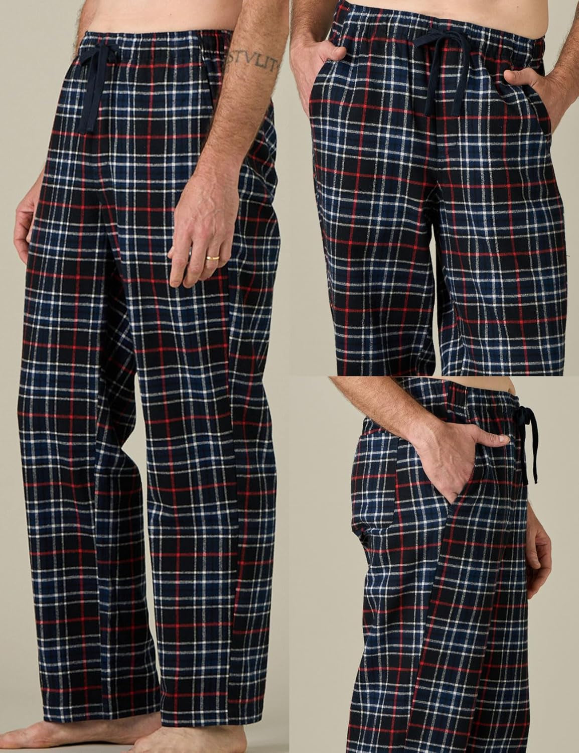 Cozy Up in Style with Our Men's Cotton Flannel Pajama Pants - Navy Blue and Red Plaid with Drawstring and Pockets