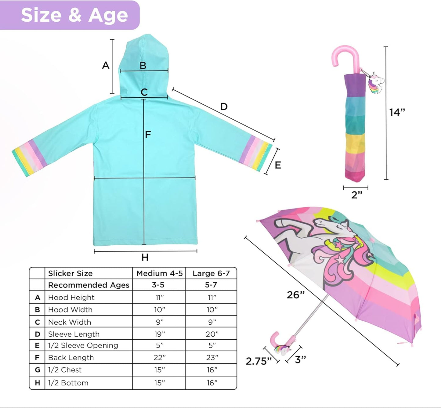 Kids Unicorn Raincoat and Umbrella Set - Fun and Functional Rain Gear for Girls and Boys Ages 3-5