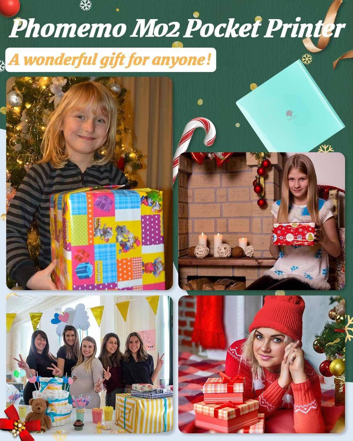 M02 Mini Pocket Sticker Printer - Bluetooth Thermal Printer for Creative Kids and Adults, Includes 3 Rolls of Paper - Perfect for Journals, Notes, and Gifts in Green