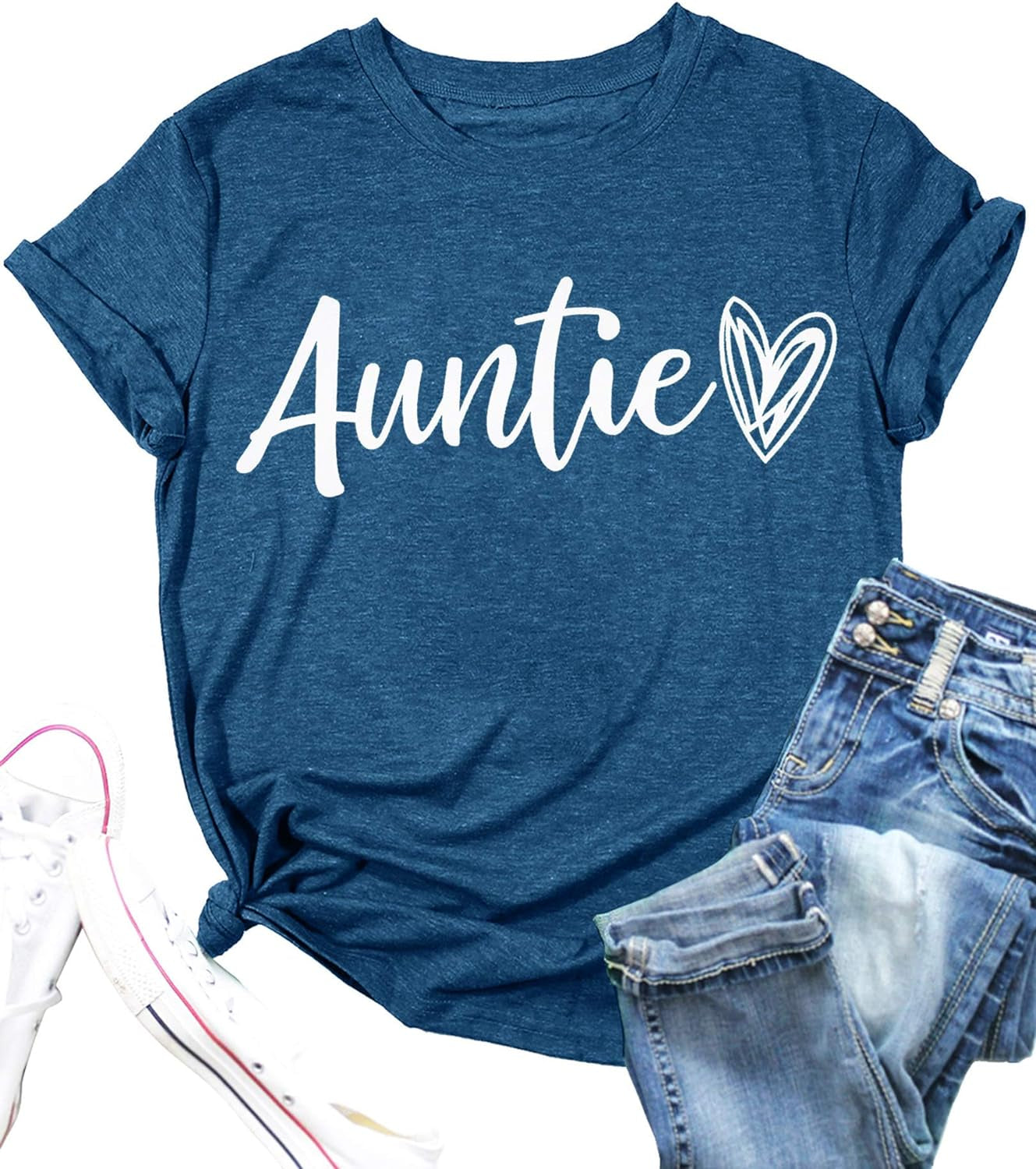 Adorable Auntie T-Shirt with Heart Print - Perfect for Casual Outings and Vacations!