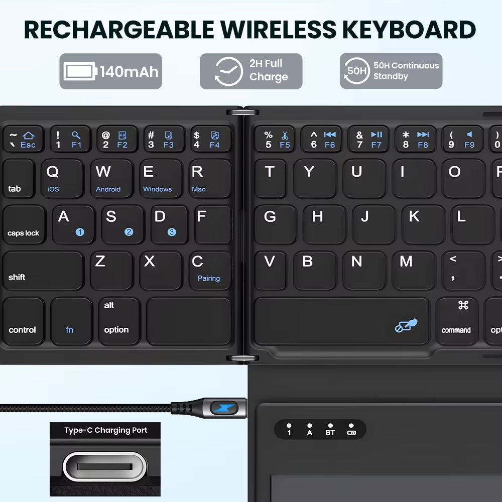 Ultimate Portable Quadruple Folding Bluetooth Keyboard with Touchpad for Seamless Typing on Windows, Android, and iOS Devices