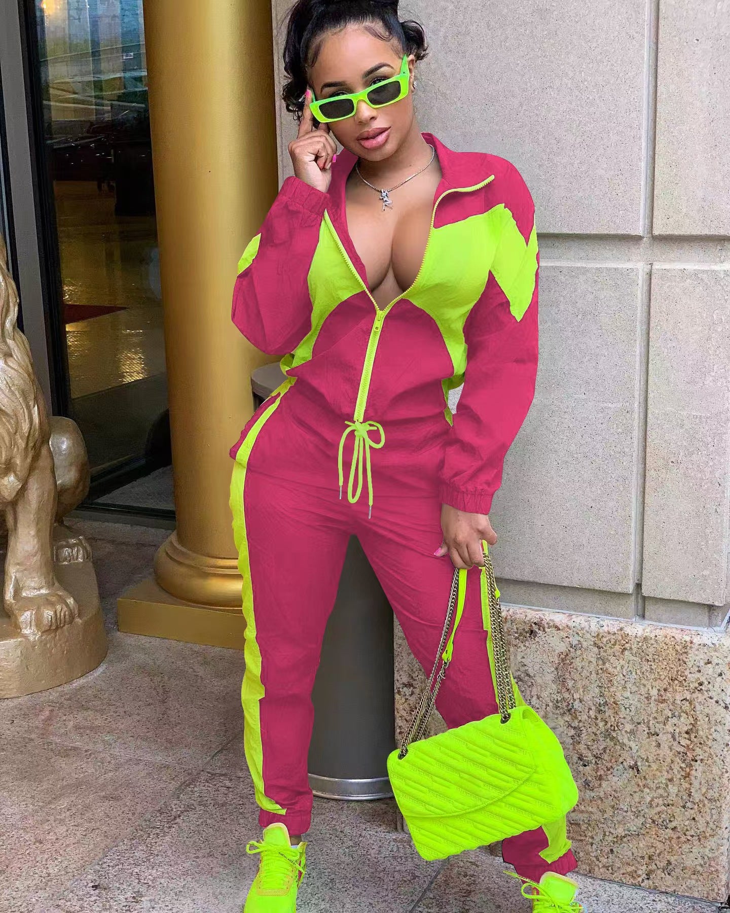 Women's Contrast Color Cardigan Pant Set