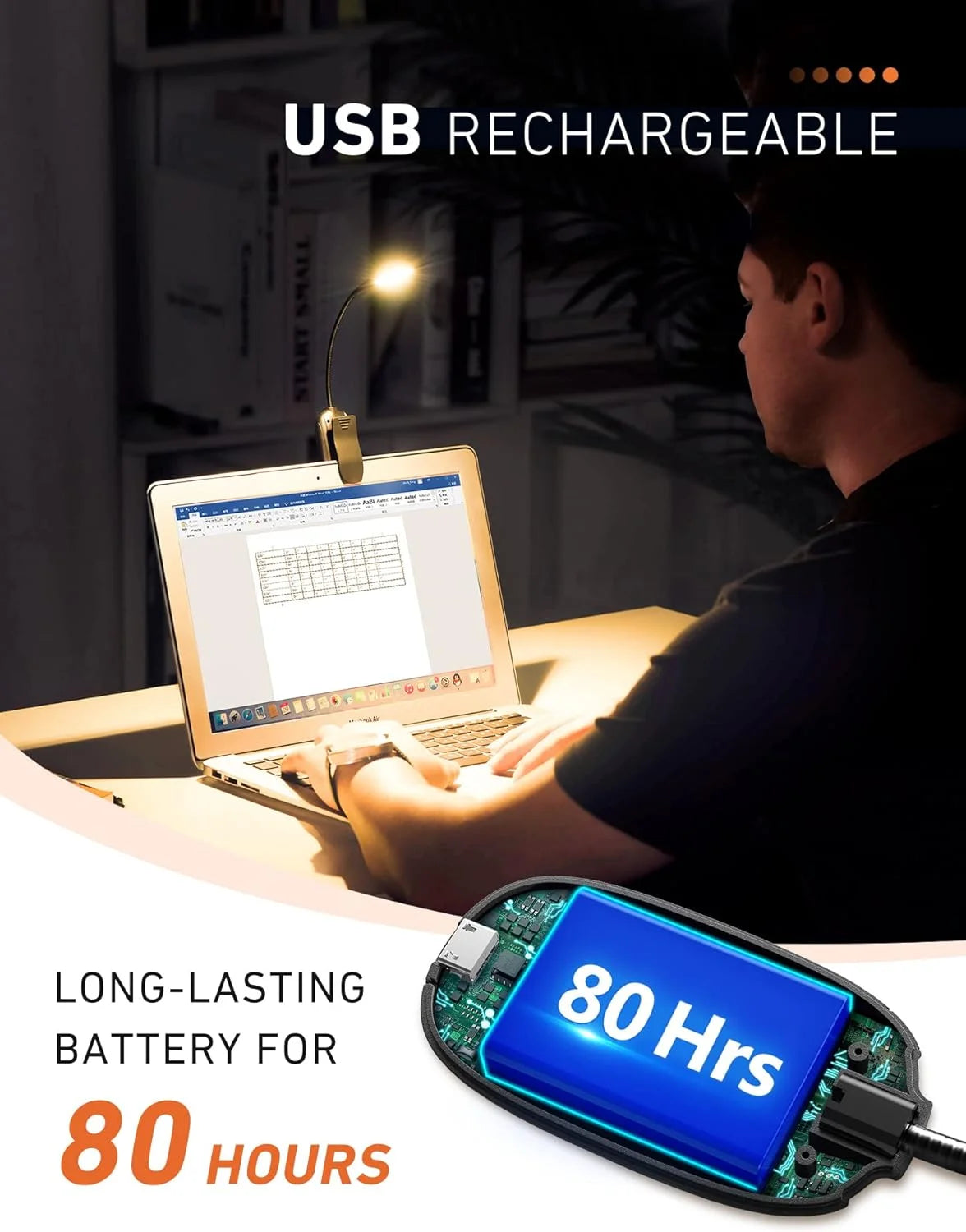 Illuminate Your Reading Experience: Rechargeable Clip-On Book Light with 80 Hours of Battery Life, 3 Brightness Levels & 3 Color Temperatures