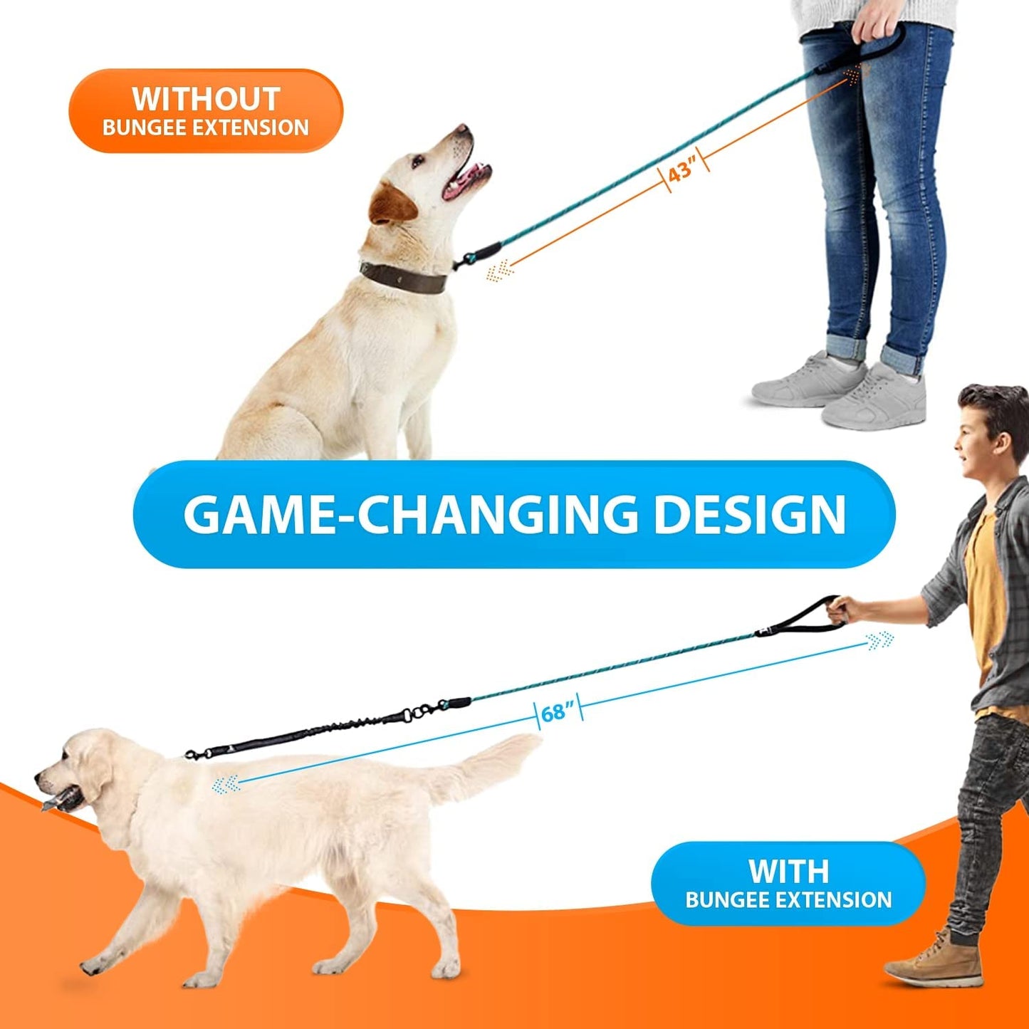 Durable Teal Bungee Leash for Large and Medium Dogs - Anti-Pull Shock Absorption with Reflective Design for Safe Outdoor Adventures