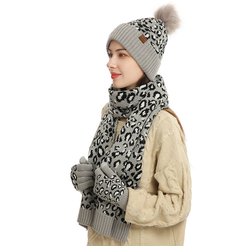 Print Knitted Hat Scarf Gloves Set