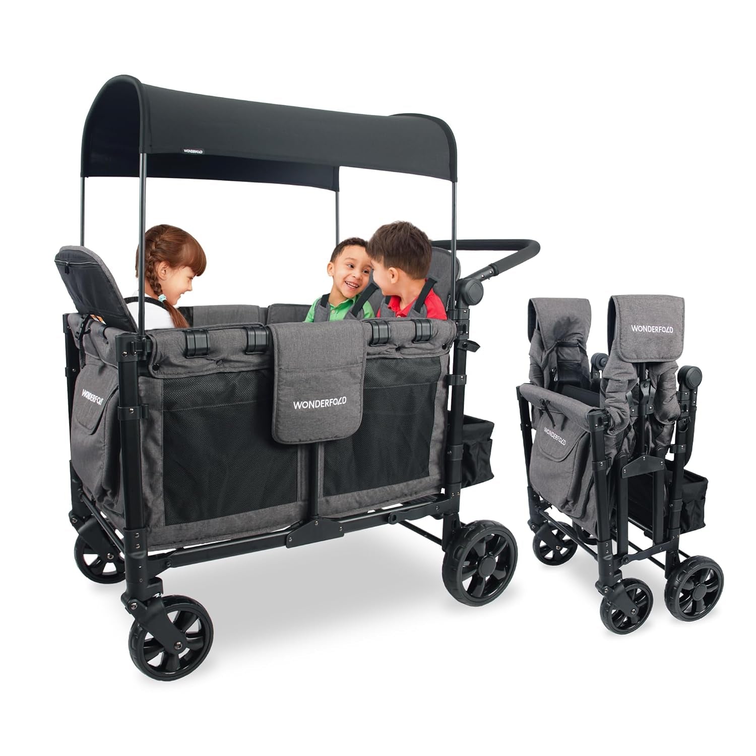 W4 Elite Collapsible Stroller Wagon - Spacious 4-Seater with 5-Point Harnesses, Adjustable Push Handle, and UV Sun Canopy in Charcoal Gray