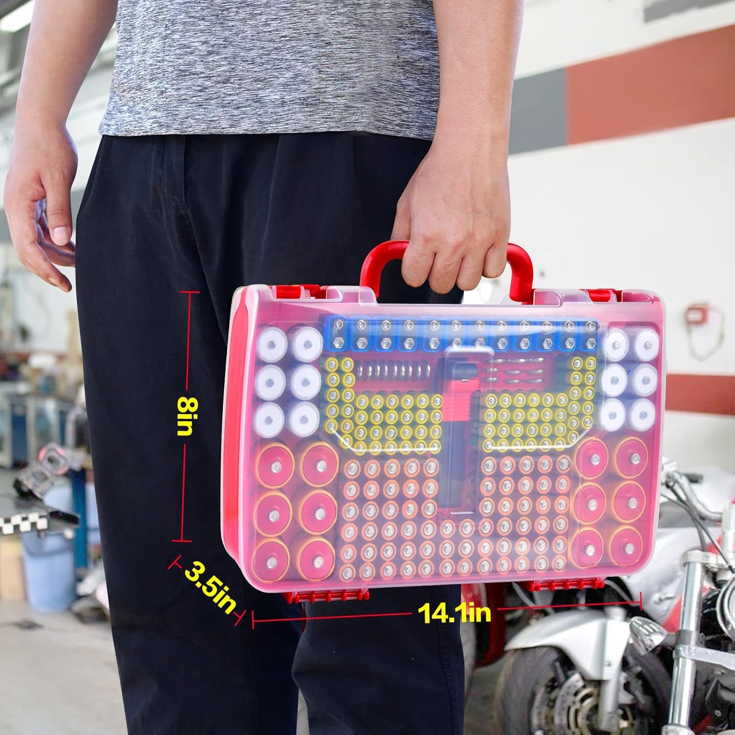 Battery Storage Organizer with Tester - 269 Battery Capacity, Double-Sided Holder for AA, AAA, 4A, C, D, 9V, 3V, Lithium, LR44, CR2, CR123, CR1632, 18650, and Button Cells - Red (Box Only)