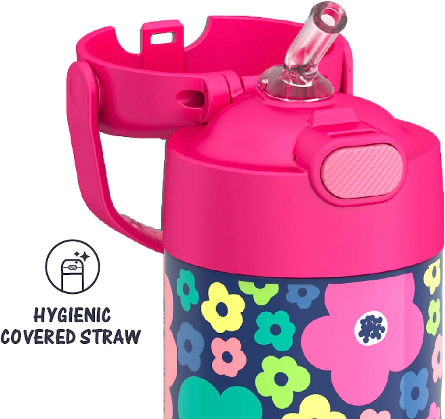 FUNTAINER 12 Ounce Stainless Steel Vacuum Insulated Kids Straw Bottle, Mod Flowers