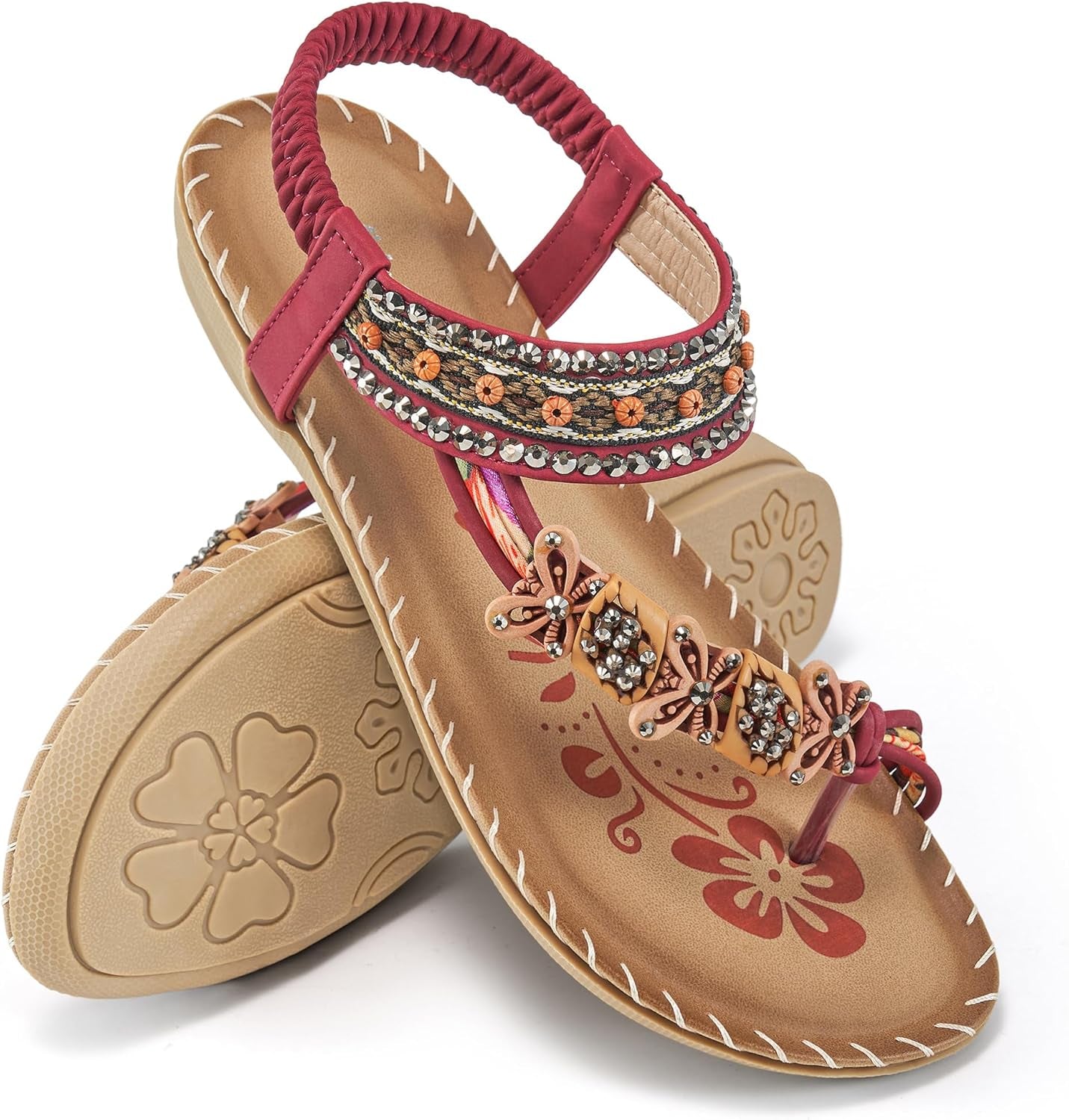 Womens Sandals Flats Shoes: Comfortable Bohemian Beaded Dressy Summer Flat Casual Ankle Strap Elastic Slip on Beach Sandal