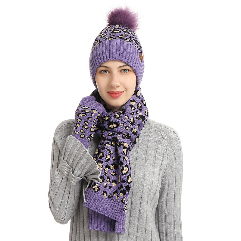 Print Knitted Hat Scarf Gloves Set